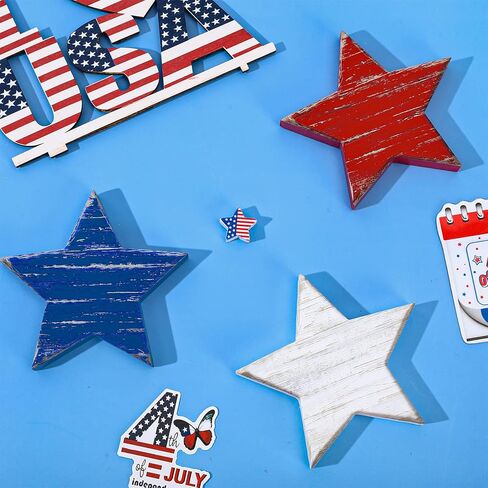 Whaline 4th of July Wooden Star Signs Patriotic Rustic Star Shape Tiered Tray Decor Red Blue White Wood Star Blocks Retro Freestanding Table Signs for Independence Day Farmhouse Home Decor, 3Pcs in Saudi Arabia