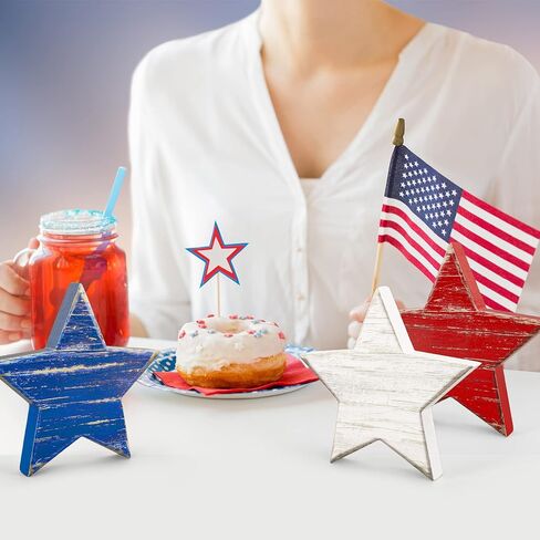 Whaline 4th of July Wooden Star Signs Patriotic Rustic Star Shape Tiered Tray Decor Red Blue White Wood Star Blocks Retro Freestanding Table Signs for Independence Day Farmhouse Home Decor, 3Pcs in Saudi Arabia
