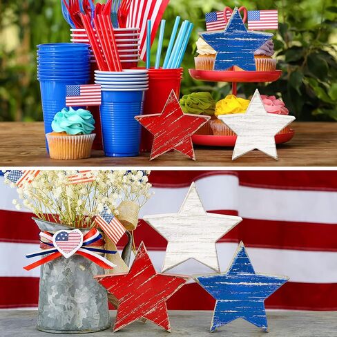 Whaline 4th of July Wooden Star Signs Patriotic Rustic Star Shape Tiered Tray Decor Red Blue White Wood Star Blocks Retro Freestanding Table Signs for Independence Day Farmhouse Home Decor, 3Pcs in Saudi Arabia