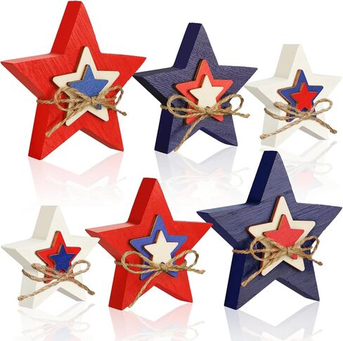 6 Pcs 4th of July Table Decor Patriotic Wooden Sign Star Standing Block Centerpiece for Independence Day Farmhouse Home Party Table Tiered Tray Decor (Embossed Star) in Saudi Arabia