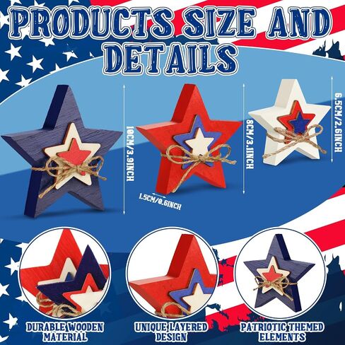 6 Pcs 4th of July Table Decor Patriotic Wooden Sign Star Standing Block Centerpiece for Independence Day Farmhouse Home Party Table Tiered Tray Decor (Embossed Star) in Saudi Arabia