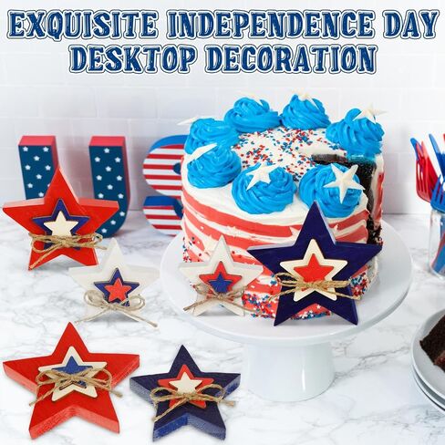 6 Pcs 4th of July Table Decor Patriotic Wooden Sign Star Standing Block Centerpiece for Independence Day Farmhouse Home Party Table Tiered Tray Decor (Embossed Star) in Saudi Arabia