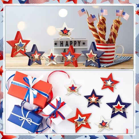 6 Pcs 4th of July Table Decor Patriotic Wooden Sign Star Standing Block Centerpiece for Independence Day Farmhouse Home Party Table Tiered Tray Decor (Embossed Star) in Saudi Arabia