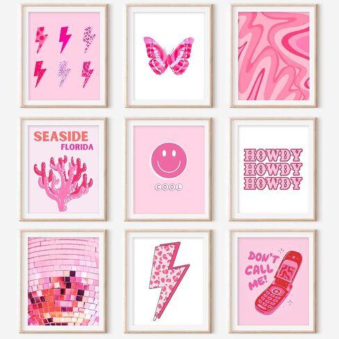 9Pcs Cute Preppy Room Decor Aesthetic, Wall Art, Posters Paintings, Cute Pictures Prints for Bedroom Dorm Decorations, Pink Wall Collage (8x10 UNFRAMED) in Saudi Arabia