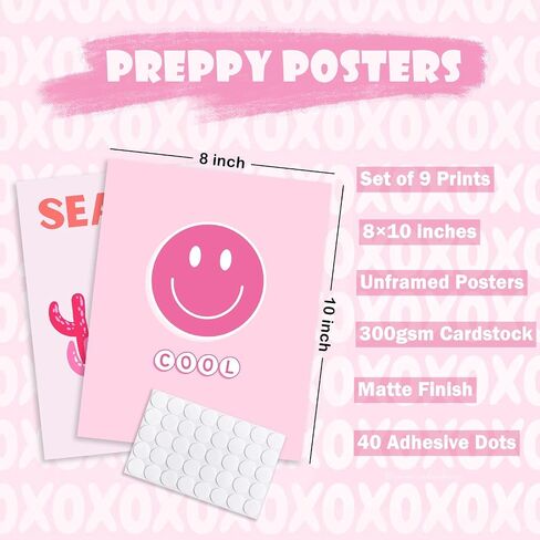 9Pcs Cute Preppy Room Decor Aesthetic, Wall Art, Posters Paintings, Cute Pictures Prints for Bedroom Dorm Decorations, Pink Wall Collage (8x10 UNFRAMED) in Saudi Arabia