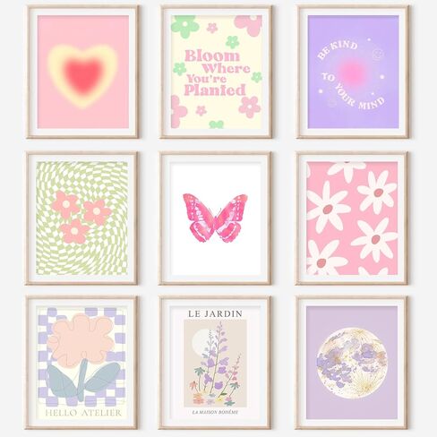 9Pcs Cute Preppy Room Decor Aesthetic, Wall Art, Posters Paintings, Cute Pictures Prints for Bedroom Dorm Decorations, Pink Wall Collage (8x10 UNFRAMED) in Saudi Arabia