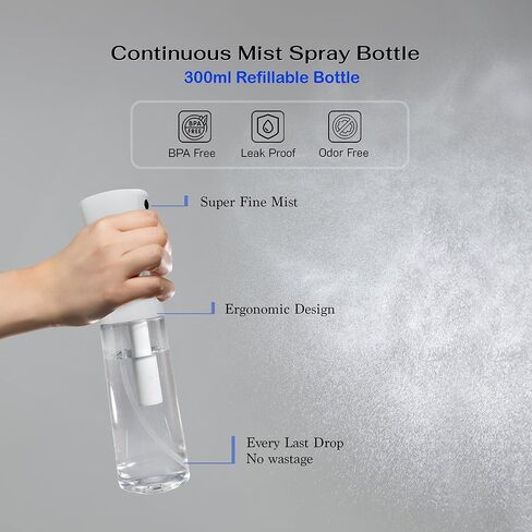 White Mist Spray Bottle Water Hair Mister Sprayer Ultra Fine Bottles Continuous for Plant Misting Aerosol Barber Cleaning Face 300ml Refillable Containers in Saudi Arabia