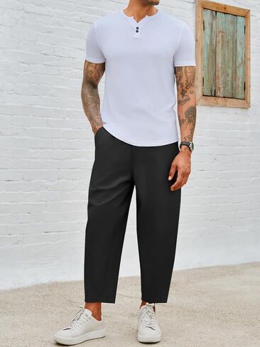 Runcati Mens Cotton Capri Pants Casual Loose Fit 3/4 Shorts Drawstring Summer Beach Chino Cropped Pants in Saudi Arabia