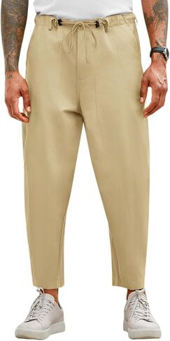 Runcati Mens Cotton Capri Pants Casual Loose Fit 3/4 Shorts Drawstring Summer Beach Chino Cropped Pants in Saudi Arabia