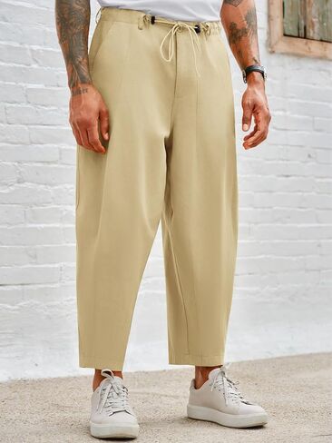 Runcati Mens Cotton Capri Pants Casual Loose Fit 3/4 Shorts Drawstring Summer Beach Chino Cropped Pants in Saudi Arabia