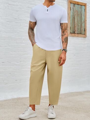 Runcati Mens Cotton Capri Pants Casual Loose Fit 3/4 Shorts Drawstring Summer Beach Chino Cropped Pants in Saudi Arabia