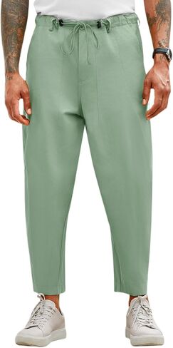Runcati Mens Cotton Capri Pants Casual Loose Fit 3/4 Shorts Drawstring Summer Beach Chino Cropped Pants in Saudi Arabia