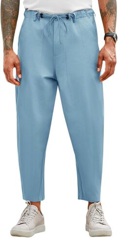 Runcati Mens Cotton Capri Pants Casual Loose Fit 3/4 Shorts Drawstring Summer Beach Chino Cropped Pants in Saudi Arabia