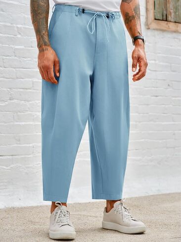 Runcati Mens Cotton Capri Pants Casual Loose Fit 3/4 Shorts Drawstring Summer Beach Chino Cropped Pants in Saudi Arabia