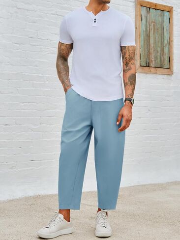 Runcati Mens Cotton Capri Pants Casual Loose Fit 3/4 Shorts Drawstring Summer Beach Chino Cropped Pants in Saudi Arabia