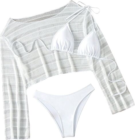 Verdusa Women's 3 Piece Halter Bikini Swimsuits with Mesh Cover Up Bathing Suit in Saudi Arabia