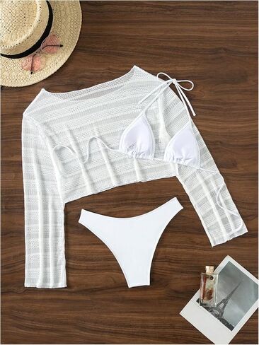Verdusa Women's 3 Piece Halter Bikini Swimsuits with Mesh Cover Up Bathing Suit in Saudi Arabia