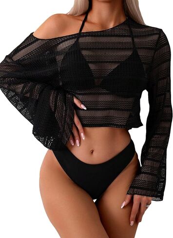 Verdusa Women's 3 Piece Halter Bikini Swimsuits with Mesh Cover Up Bathing Suit in Saudi Arabia
