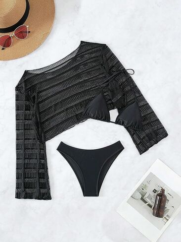 Verdusa Women's 3 Piece Halter Bikini Swimsuits with Mesh Cover Up Bathing Suit in Saudi Arabia