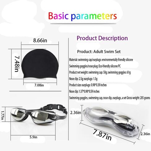 مجموعة نظارات السباحة المقاومة للماء مع نظارات واقية، وقبعة للسباحة، وسدادات أنف، ومشابك للأذن، ونظارات سباحة للحماية من الأشعة فوق البنفسجية ومضادة للضباب in Kuwait