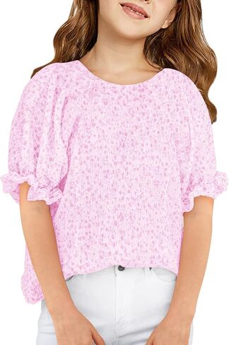 Girls Floral Puff Short Sleeve Shirts Summer Cute T Shirts Tops 5-14 Years in Saudi Arabia