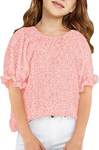 Girls Floral Puff Short Sleeve Shirts Summer Cute T Shirts Tops 5-14 Years in Saudi Arabia
