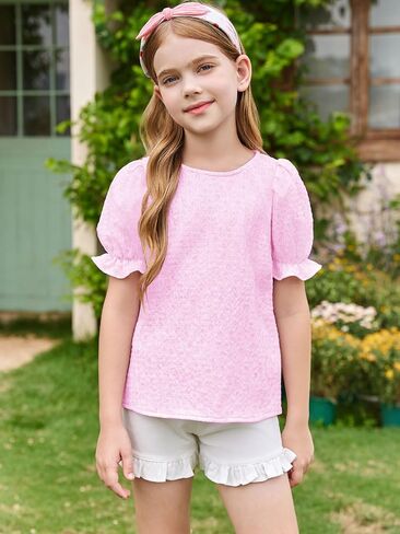 Girls Floral Puff Short Sleeve Shirts Summer Cute T Shirts Tops 5-14 Years in Saudi Arabia