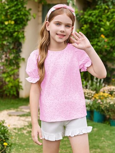 Girls Floral Puff Short Sleeve Shirts Summer Cute T Shirts Tops 5-14 Years in Saudi Arabia