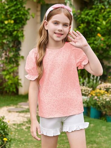 Girls Floral Puff Short Sleeve Shirts Summer Cute T Shirts Tops 5-14 Years in Saudi Arabia