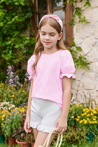 Girls Floral Puff Short Sleeve Shirts Summer Cute T Shirts Tops 5-14 Years in Saudi Arabia
