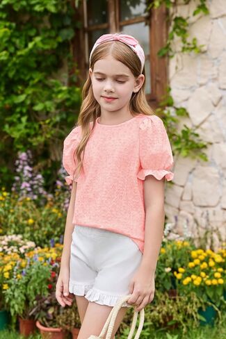 Girls Floral Puff Short Sleeve Shirts Summer Cute T Shirts Tops 5-14 Years in Saudi Arabia