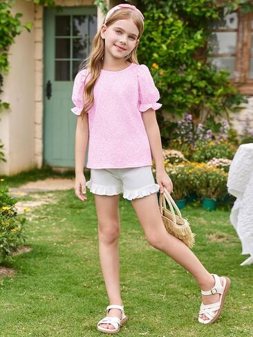 Girls Floral Puff Short Sleeve Shirts Summer Cute T Shirts Tops 5-14 Years in Saudi Arabia