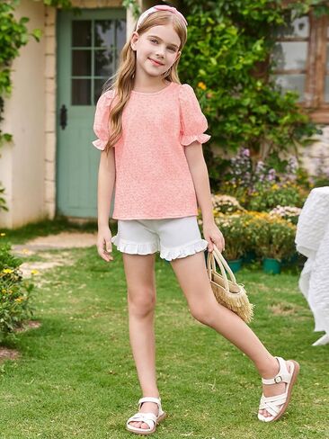 Girls Floral Puff Short Sleeve Shirts Summer Cute T Shirts Tops 5-14 Years in Saudi Arabia