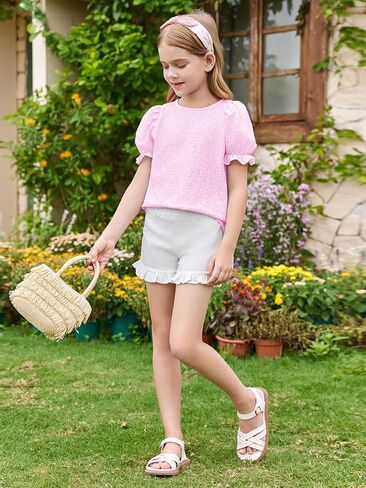 Girls Floral Puff Short Sleeve Shirts Summer Cute T Shirts Tops 5-14 Years in Saudi Arabia