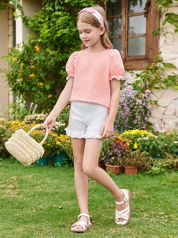 Girls Floral Puff Short Sleeve Shirts Summer Cute T Shirts Tops 5-14 Years in Saudi Arabia