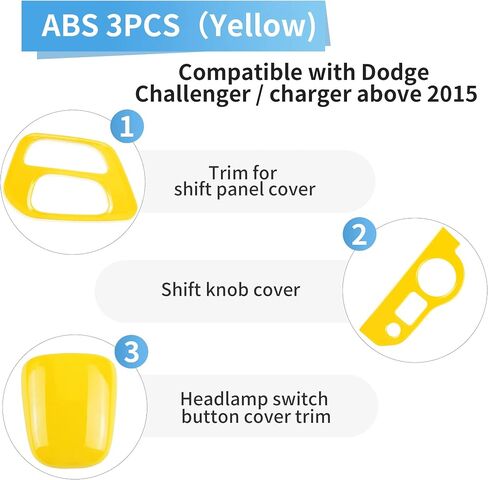 Gear Shift Panel Cover Trim &Gear Shift Knob Cover & Headlight Switches Button Cover Trim Compatible for Dodge Challenger 2015 up, ABS 3pcs(Yellow) in Saudi Arabia