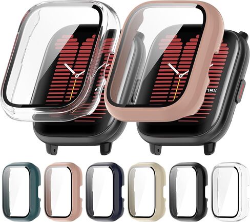 Compatible with Amazfit Active Case Cover, PC Protective Case Full Cover with HD Tempered Glass Screen Protector for Amazfit Active Watch Case (Black&Clear&Khaki) in Saudi Arabia