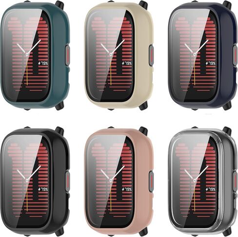 Compatible with Amazfit Active Case Cover, PC Protective Case Full Cover with HD Tempered Glass Screen Protector for Amazfit Active Watch Case (Black&Clear&Khaki) in Saudi Arabia