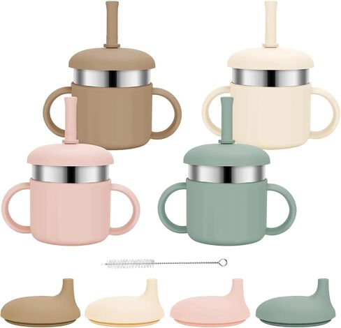 Baby Sippy Cups, 7.4 Oz Baby Cups, 3 Stages Training Cup, Straw Cup for Infants Toddlers and Kid 6-18 Month, Stainless Steel Kid Cups with Silicone Straws, 4 Colors in Kuwait