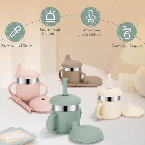 Baby Sippy Cups, 7.4 Oz Baby Cups, 3 Stages Training Cup, Straw Cup for Infants Toddlers and Kid 6-18 Month, Stainless Steel Kid Cups with Silicone Straws, 4 Colors in Kuwait