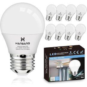 hansang A15 LED E26 Small Light Bulb, Daylight 5000K, 60Watt Equivalent Ceiling Fan Light Bulbs, E26 Standard Base Appliance Light Bulb, 600 Lumen, CRI85+, Eye Protection, 120V, Non-Dimmable 6 Pack