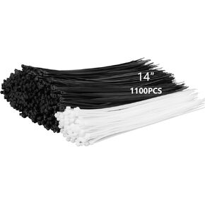 1100 قطعة من روابط البريدي مقاس 35.56 سم بقوة شد 50 رطل، أربطة بسحاب سوداء 1000 قطعة + أبيض 100 قطعة من روابط الكابلات شديدة التحمل مقاومة للأشعة فوق البنفسجية مع لفافات ربطات عنق بلاستيكية من النايلون ذاتية القفل للأماكن الداخلية والخارجية in Kuwait