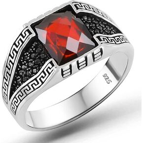 Solid 925 Sterling Silver Black Micro CZ Cubic Zirconia Stone & Square Red Simulated Ruby Stone Luxury Ring for Men