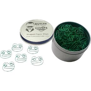 Butler in the Home 100 Count Frog Shaped Paper Clips Great for Paper Clip Collectors or Office Gift - Comes in Round Tin with Lid and Gift Box (Green)