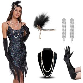 IncreDecor Women's 1920s Flapper Dresses Sequin Fringed Gatsby Dress with Roaring 20s Accessories for Cocktail Party
