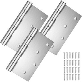 4'' Door Hinges 304 Stainless Steel 4 X 4 Inch 3 Pack Square Corner Door Hinges Ball Bearing Door Hinges Heavy Duty for Exterior Interior Doors with Non-Removable Pin (Silver, 3 Pack)