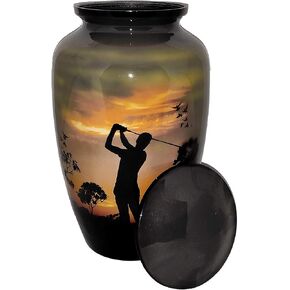 Cremation Urn, Burial Urns. Lovely Golfer Golf Design. Large Size 26 cms high, with Velvet Bag