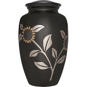 Sunflower Funeral Cremation Urn for Human Ashes by Liliane - Brass - Suitable for Cemetery Burial or Niche - Large for Remains of Adults up to 200 lbs - Miraflores Black and Gold Rose