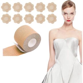 بتلات الثدي للاستعمال مرة واحدة، شريط رفع الثدي مع 5 أزواج من أغطية الحلمات للاستعمال مرة واحدة، شريط رفع للثدي الكبير، فستان عميق على شكل حرف V، بيج in Kuwait