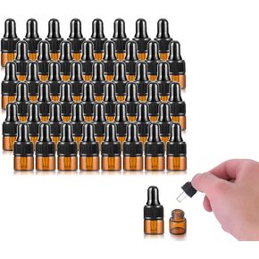 50 Pack,1ml Amber Glass Dropper Vial for Essential Oils,Empty Glass Eye Dropper Bottle With Black Screw Cap,Glass Liquid Pipette Travel Test Sample Perfume Vial-Transfer Pipette Included